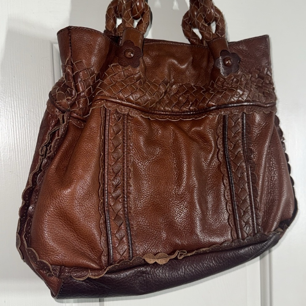 Elliott Luca Brown Pebbled Leather w/ Woven Details Everyday Medium Size Handbag - Picture 2 of 12